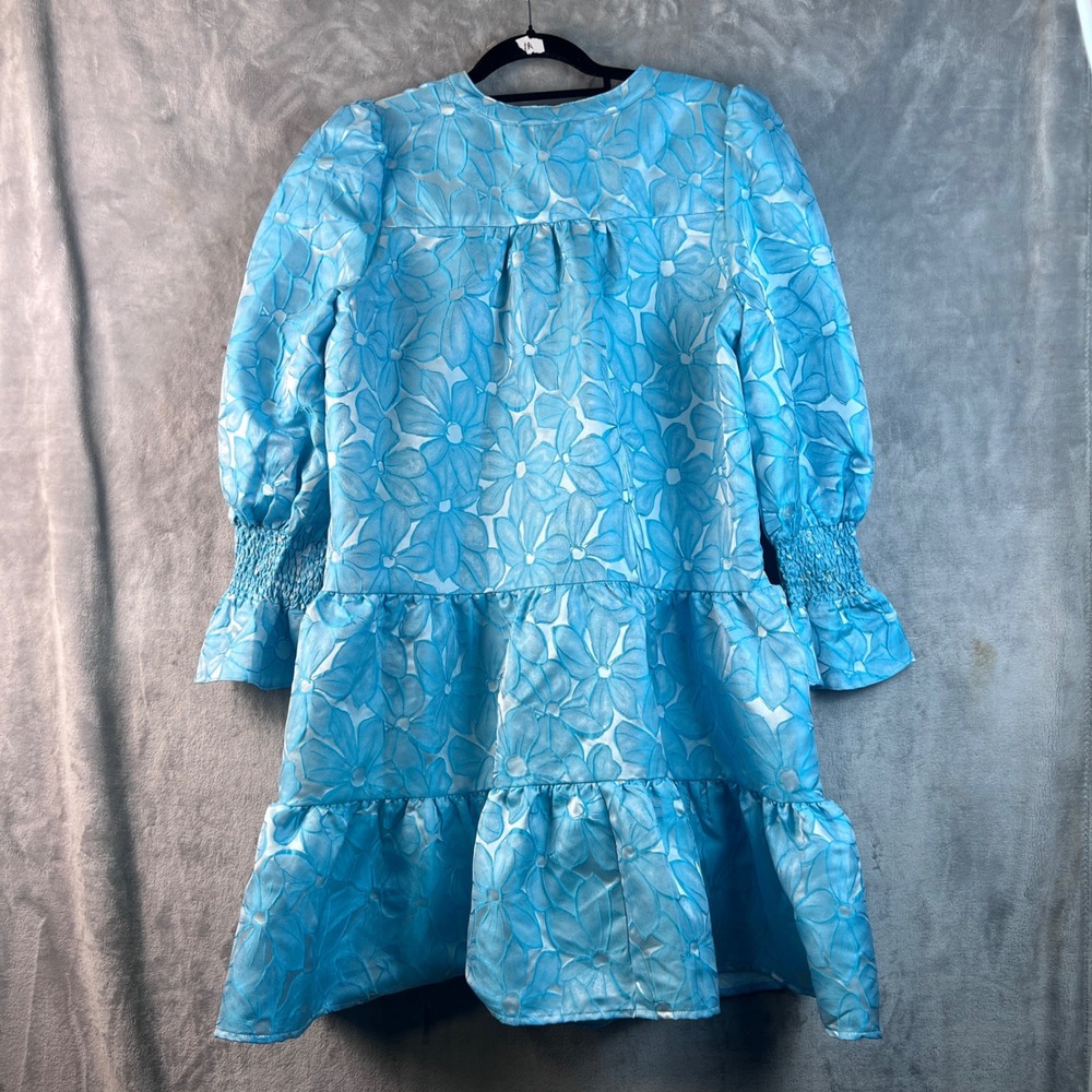 Pomander Place Dress Blue Floral Jacquard Tiered Babydoll Mini Y23363T Large - Picture 3 of 9